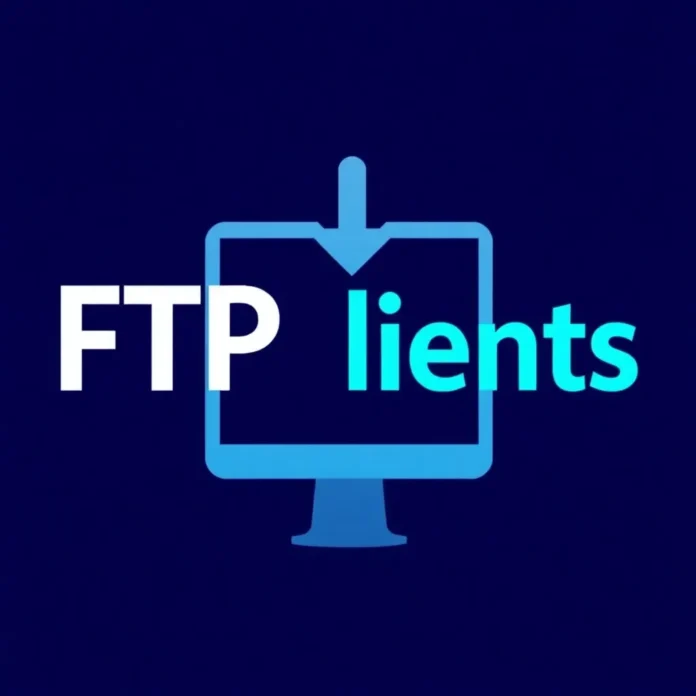 die-6-besten-ftp-clients-fuer-mac-und-windows-benutzer-2025-sicher-schnell-und-komfortabel Moderner Arbeitsplatz mit Laptop und Desktop, FTP-Clients geöffnet, digitale Skyline