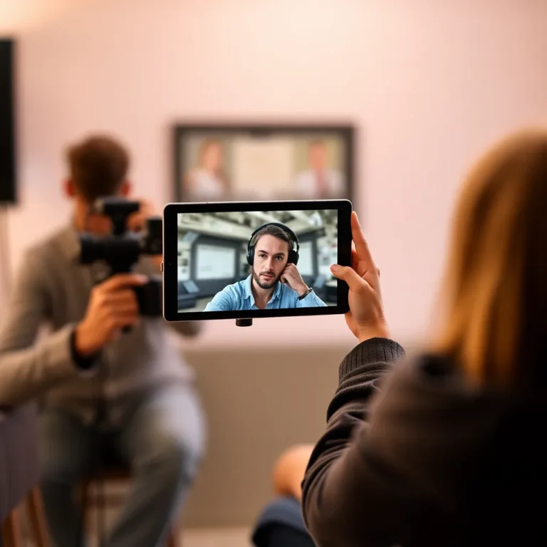 Arbeitsplatz mit Vlogging-Ausrüstung: Kamera, Mikrofon, Laptop mit Blog-Editor, gemütlich beleuchtet.