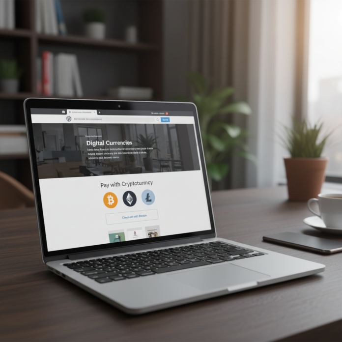 Laptop mit WordPress-Website und Bitcoin-Zahlungsoption